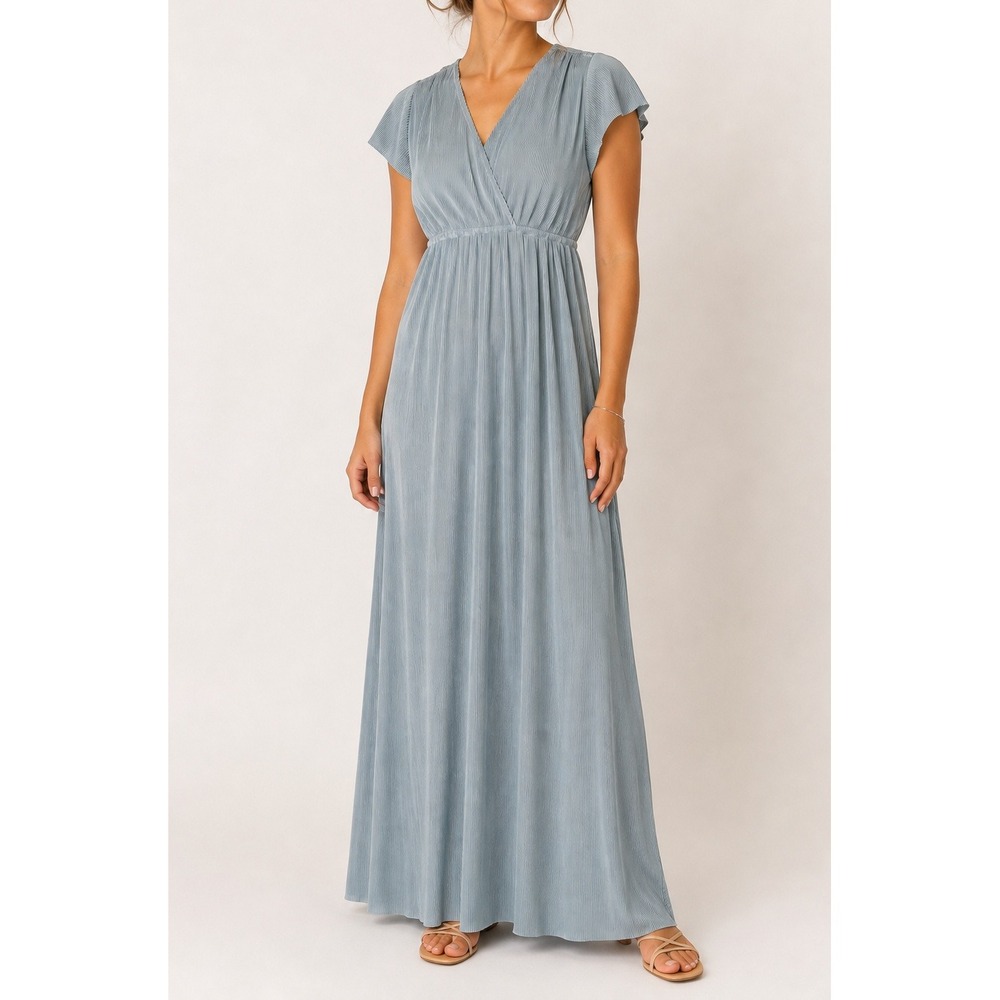 BALTIC BORN Athena Pleated Maxi Dress Womens Large Shimmer Silver Blue